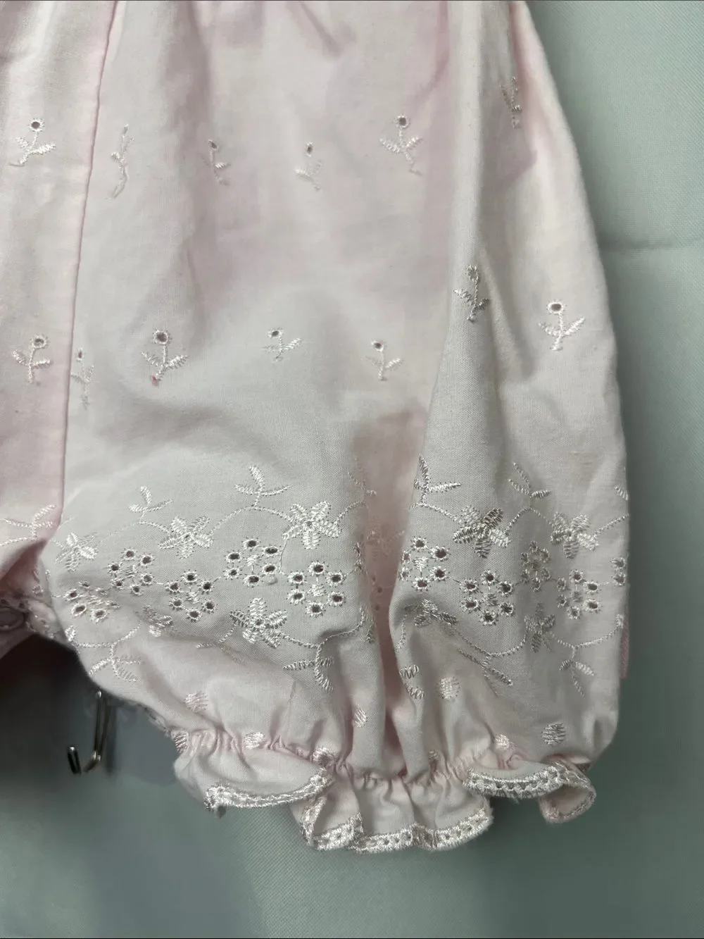 Baby Grand Pink eyelet bubble romper with ruffle accents size 9 months